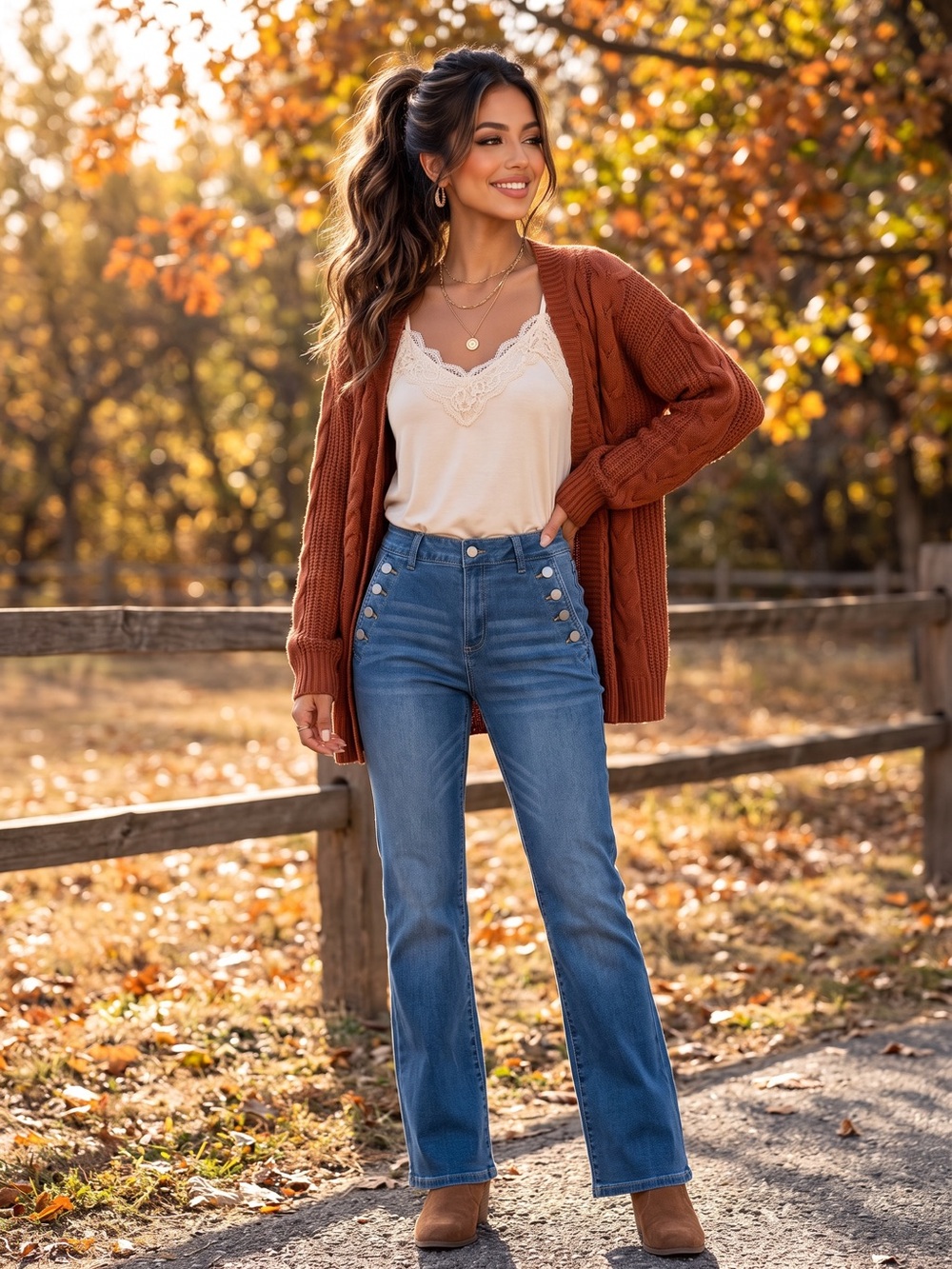 B794. Stylish High Rise Button Accent Straight Jeans in Blue